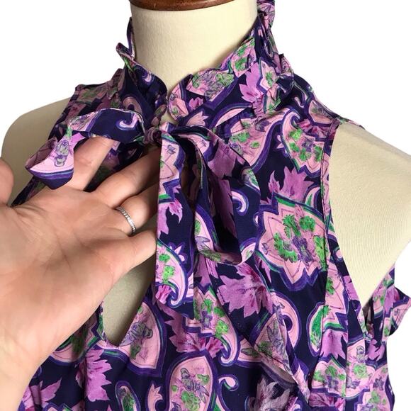 Sandro Paris 100% Silk Purple Paisley Ruffle Cold Shoulder Mini Party Dress 3/L - Picture 13 of 16